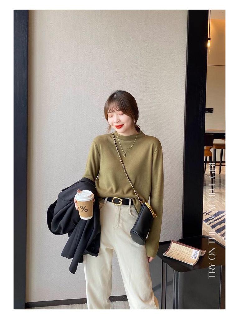 Women's 2024 Black Mock Neck Sweater: Base Layer for Spring & Autumn, Loose Half-High Neck Top.