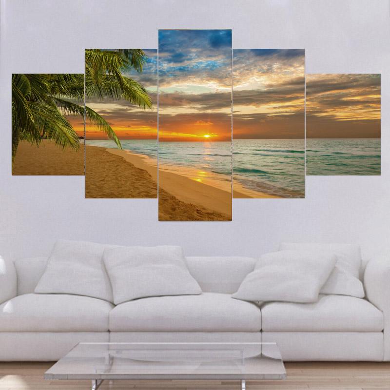 5 Pieces Natural Blue Beach Sunset Landscape Canvas Painting Seascape Posters And Prints Wall Art Pictures Home Decor No Frame