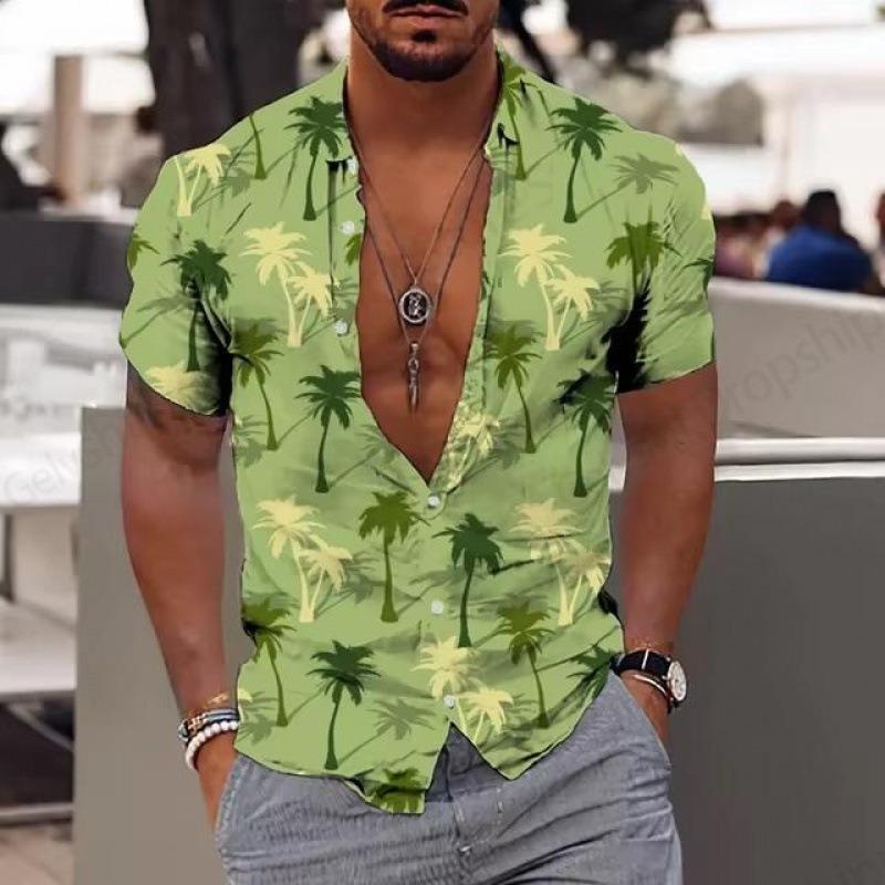 Camisa Havaiana Casual de Verão Masculina com Colarinho Cardigã de Lapela com Botões de Manga Curta