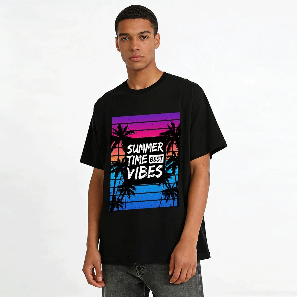 Summer Time Best Vibes Coconut Tree Graphic Casual Tee Pure cotton T-shirt
