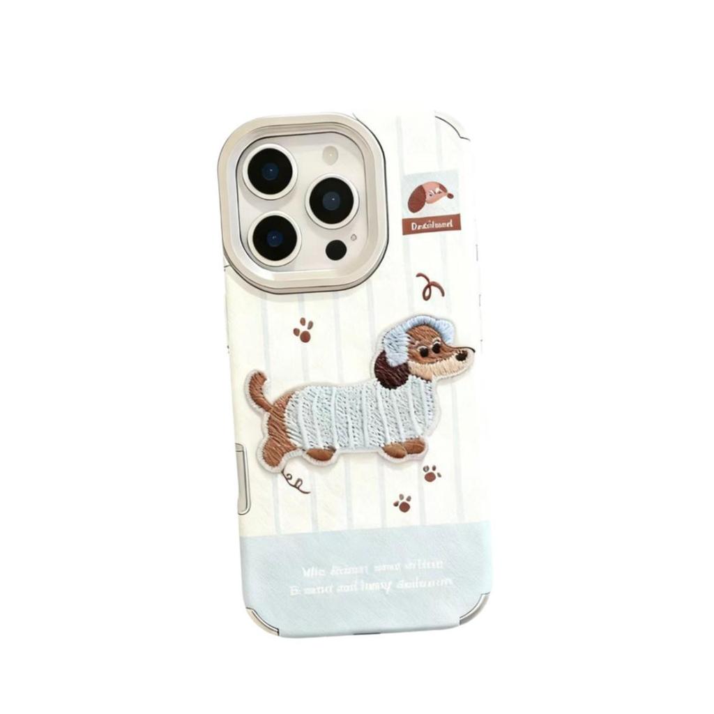 Dachshund Embroidery iPhone 17 Pro and 15/14 Case with Lanyard - Autumn/Winter Protective Cover