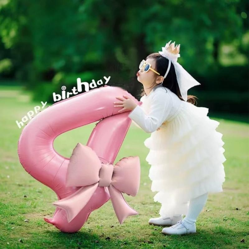 Pink Bowknot Number Balloon 40Inch Oversize Aluminum Foil Balloon Decoration For Kids Birthday Anniversary Wedding