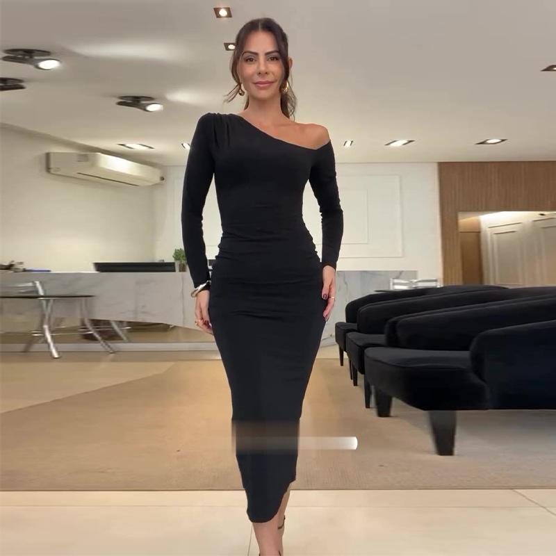 2024 Autumn Asymmetric Neckline Slim Fit Slit Bodycon Dress - European & American Pure Desire Style
