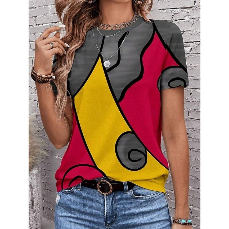 Модная женская футболка Летняя Асимметричная 3D-принт Футболка Женская Уличный Повседневный Стиль Футболка Женская С Круглым Вырезом Топы Одежда L