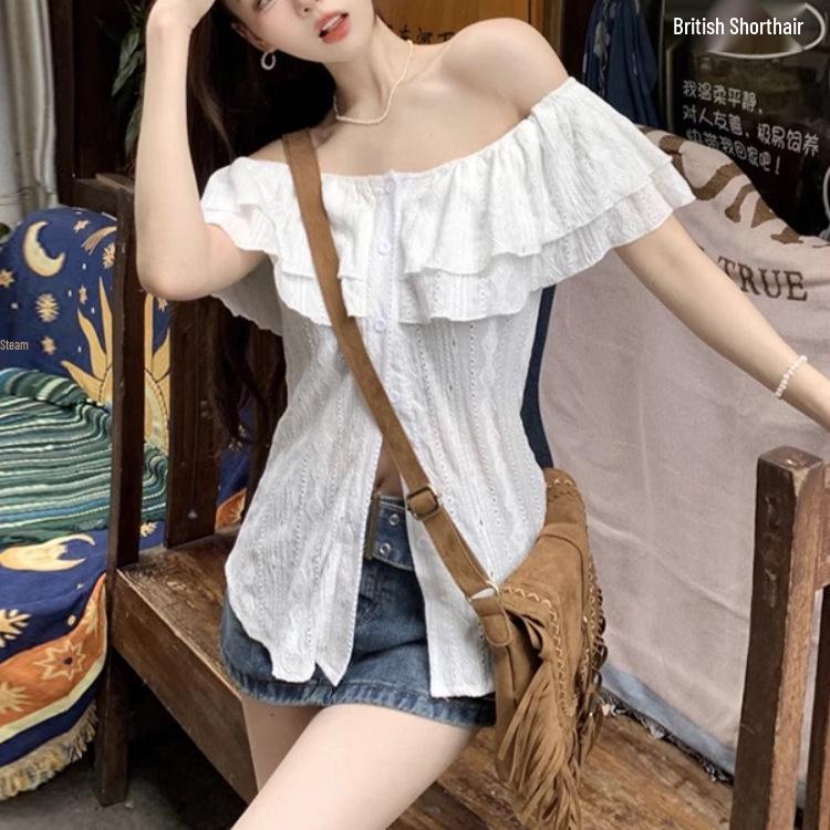 

Plus Size Off-Shoulder Short-Sleeve Slimming Blouse for Women - 2026 Summer Collection L білий