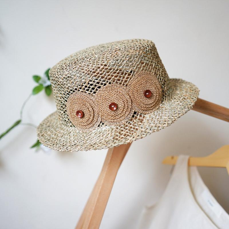 Japanese Small Fresh Small Brim Salty Grass Seaweed Woven Flat Top Top Hat Women'S Summer Sunshade Fun Flower Small Straw Hat