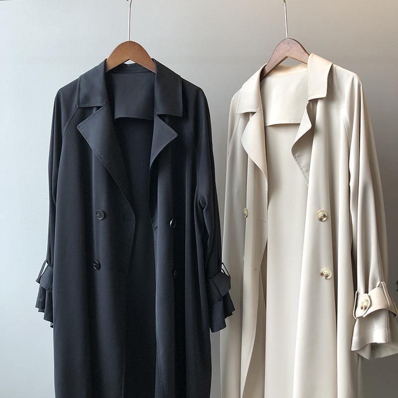 Long Coat Fashion Trench Womens Spring Autumn Temperament Thin Windbreaker Coat Female Casual Parker Overcoat Apricot Black