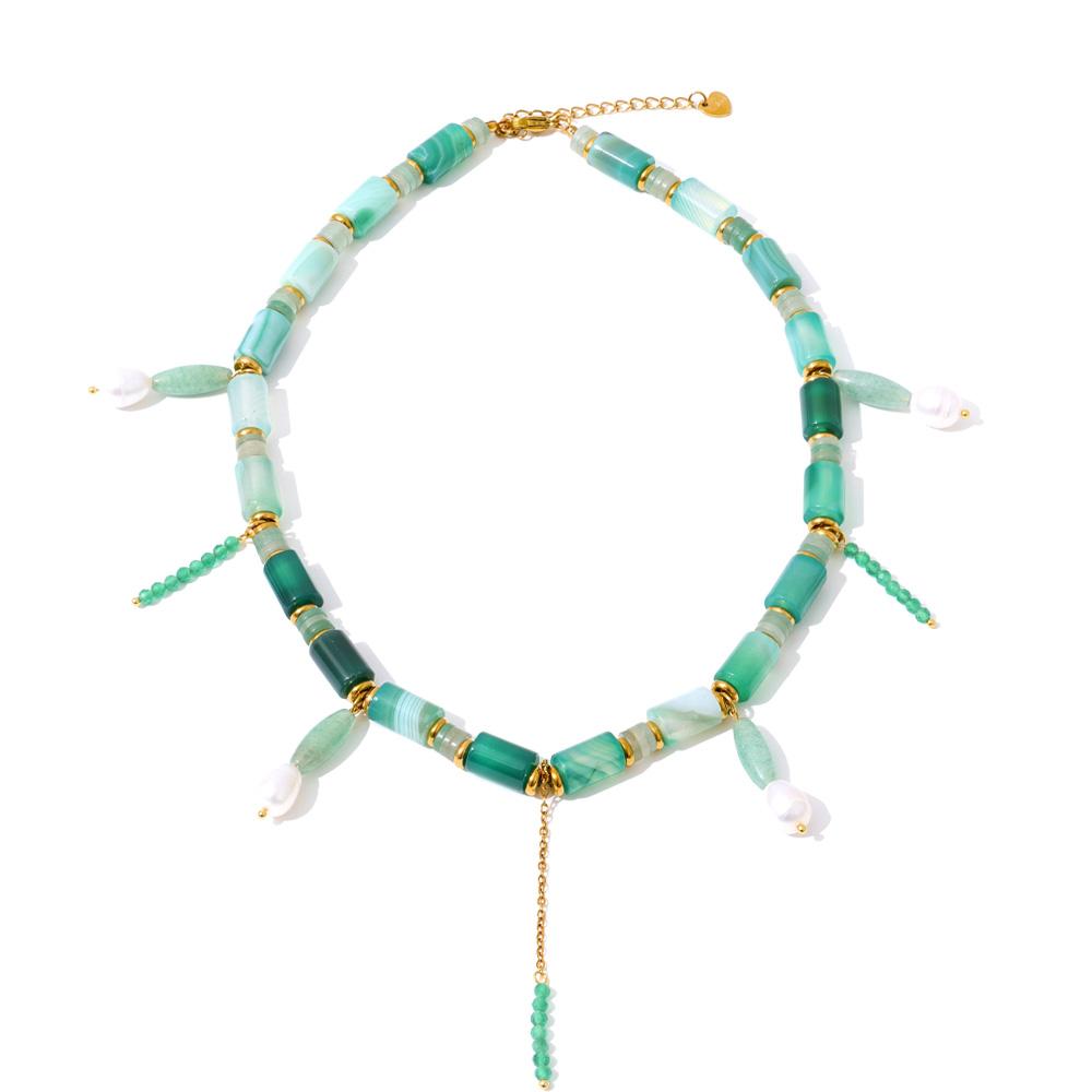 Yhpup Natural Green Aventurine Stone Chain Drop Necklace Beads Handmade Charm Stainless Steel Natural Pearl Collar Jewelry Gift