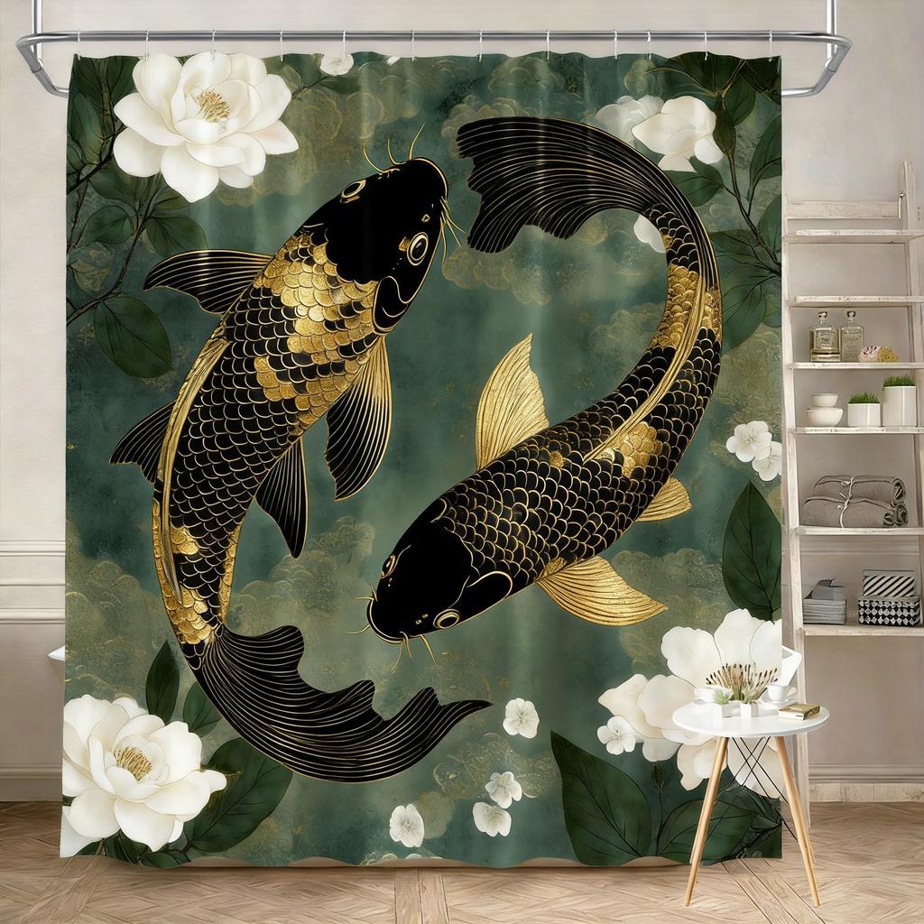 Luxury Golden Koi Fish with Cherry Blossoms Waterproof Shower Curtain for Feng Shui Bathroom Decor