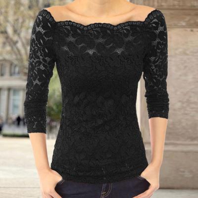 Blusas para mujer, cuello torcido, camisa de manga larga con encaje, empalme de encaje hueco, color sólido, corte ajustado, blusas de encaje bordado con flores