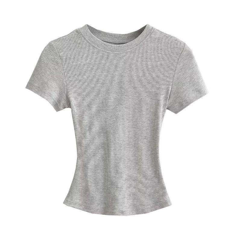 Summer New Female American Spice Girl Solid Color Crew Neck Short Sleeve T-Shirt Basic Threaded Bottom Top