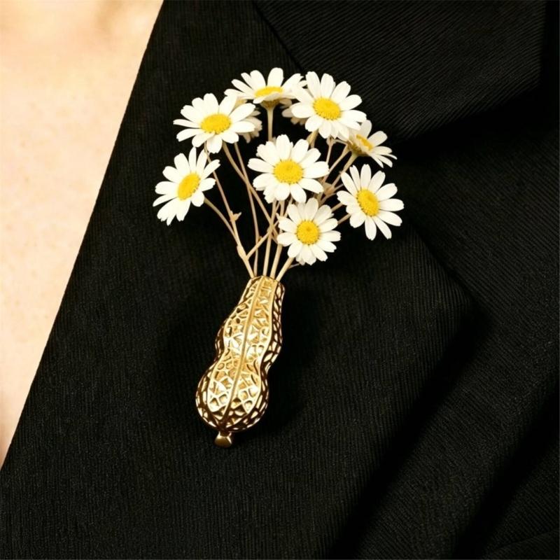 DIY Peanut Flower Brooch Pin with Open Insert Holder, Polished Copper Lapel Accent for Outfit Styling, Parties and Weddings