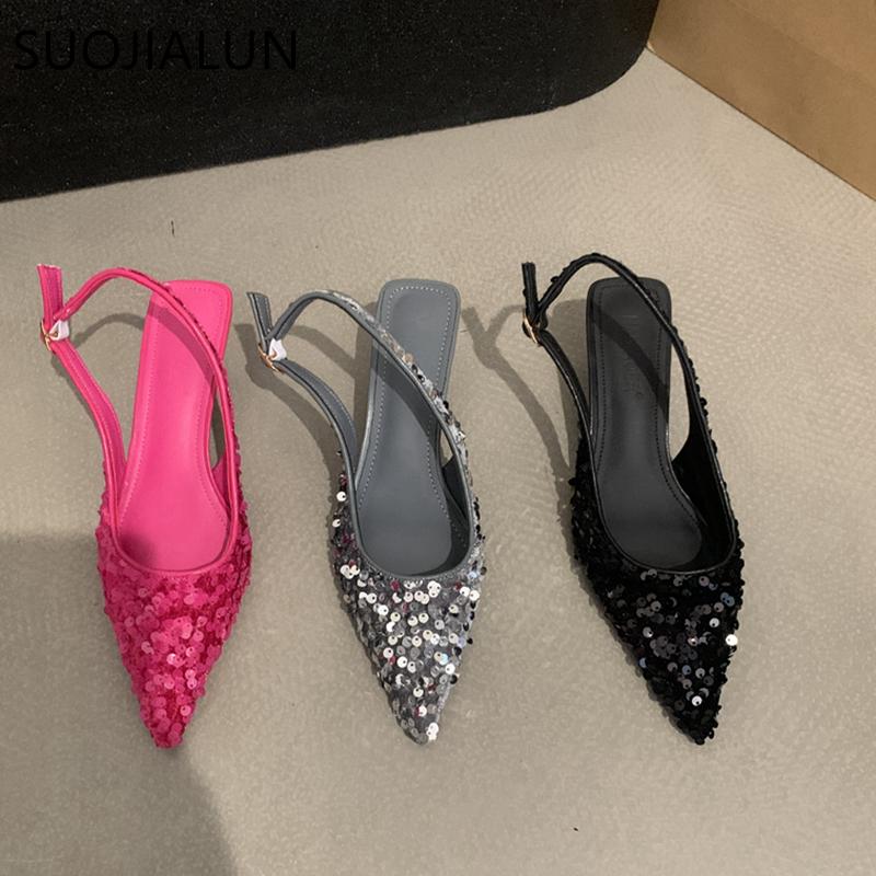 Fashion SUOJIALUN 2025 New Bling Women Sandal Fashion Pointed Toe Shallow Slip On Ladies Elegant Slingback Shoes Med Heel Pumps Shoes