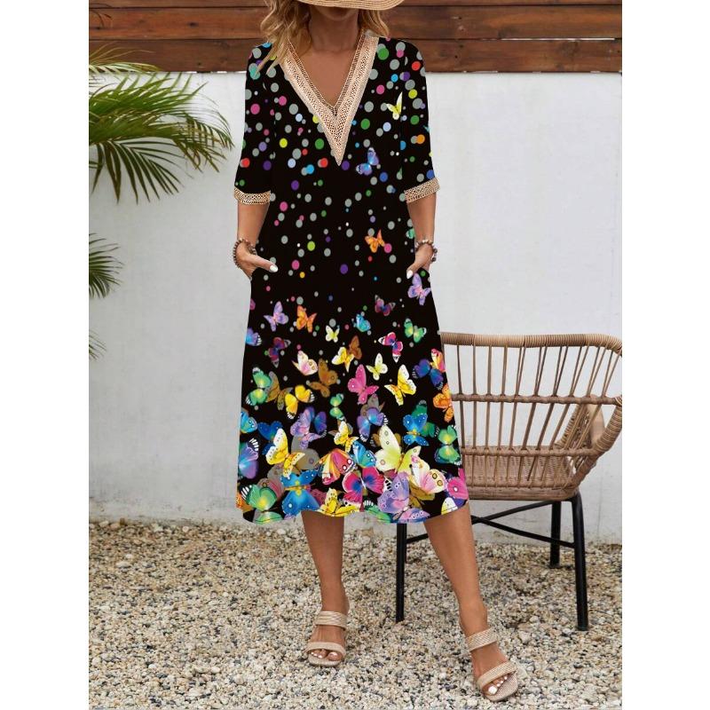 Women's Spring/summer Printed Short-sleeve Dress Lace V-neck Loose Swing Short-sleeve Mid-length Dress