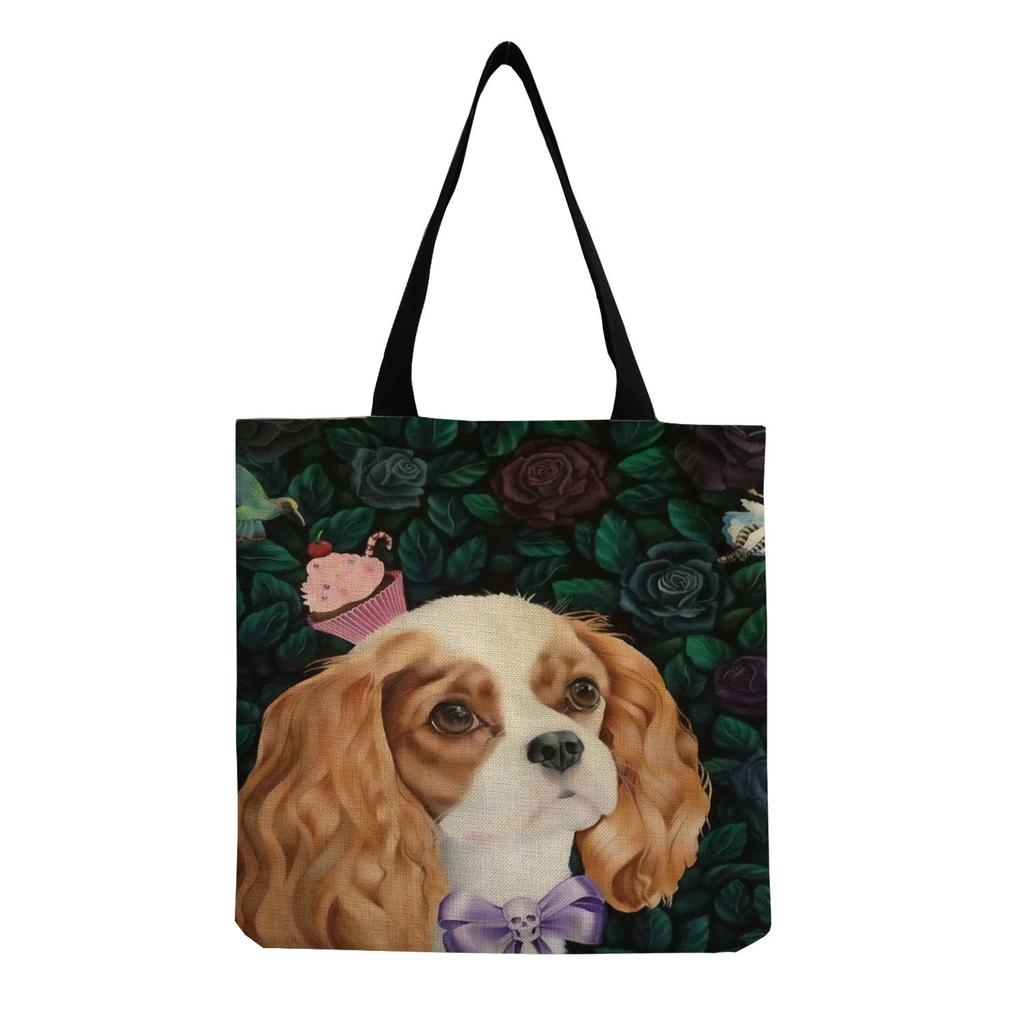 Damen Vintage Leinen-Tragetasche - Große Kapazität Hundeprint Schulter-Handtasche für Freizeit & Lebensmitteleinkauf KTB