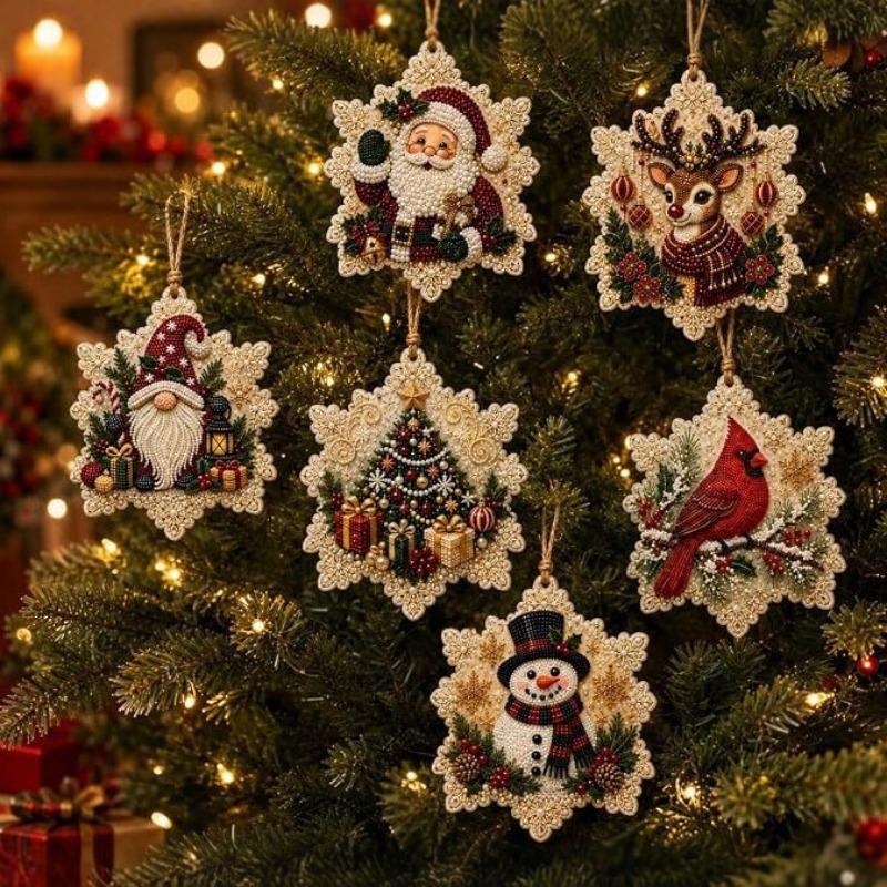 6PCS Diamond Painting 3d Mixed-sized Pearl Beads Snowflake Shape Xmas Pearl Suncatcher Kit Diy Craft Festive Wall Decor Pendant
