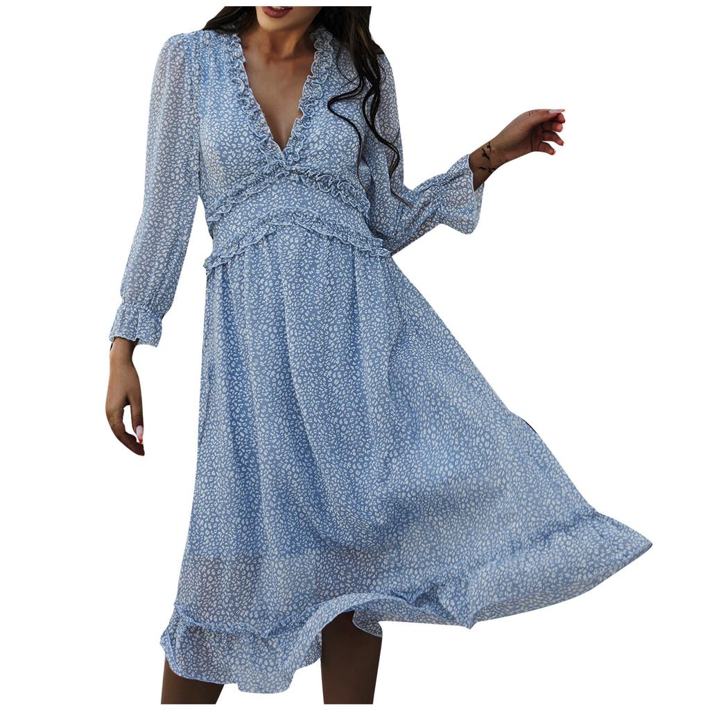 Damemote Langermet V-hals skjørt Plissert Kne-lengde Print Dress