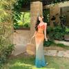 Sunset Sexy Dress Beautiful Smudge Gradual Change Thailand Sanya Seaside Vacation Bag Arm Fishtail Dress Dress