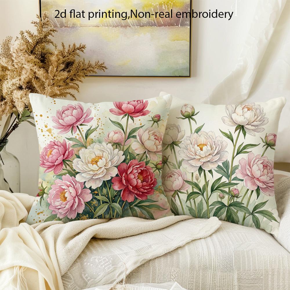 1/4 Stück Aquarell Pfingstrose Floral Kissenbezüge 2D Flachbedruckt Dekorative Kissenhüllen für Zuhause Sofa Schlafzimmer Kissenbezug