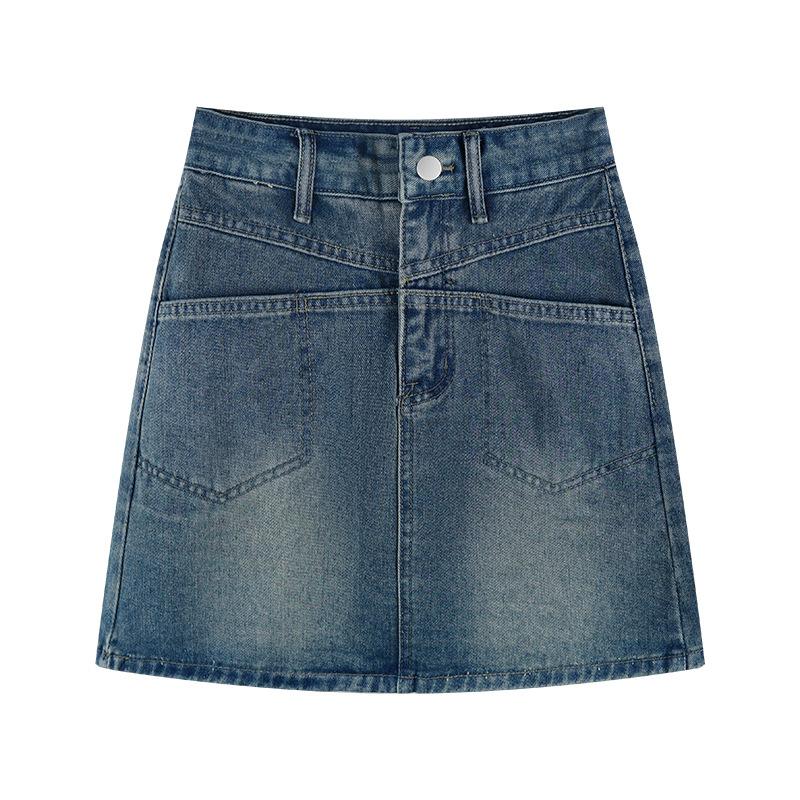 Women's A-line Denim Short Skirt Summer Pocket Design High Waist Hip Hugging Retro Denim Skirt