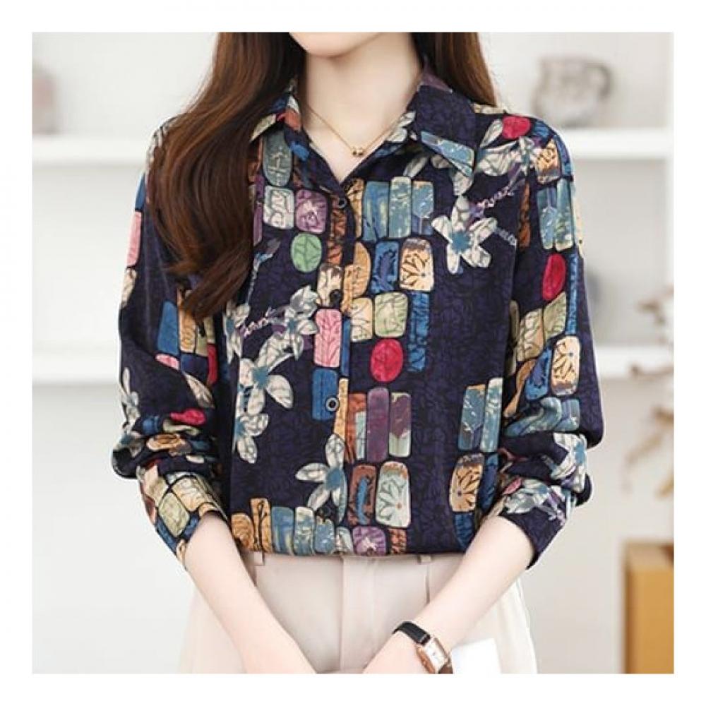 Navava Retro Printing Flower Long Sleeve Shirt Nb2294