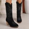 Fashion Retro Mid-Calf Women's Boots Soft Rubber Upper Embroidered Western Tube V-Notch Large Size Autumn Winter Thick Heel Slimming