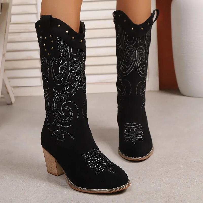 Fashion Retro Mid-Calf Women's Boots Soft Rubber Upper Embroidered Western Tube V-Notch Large Size Autumn Winter Thick Heel Slimming