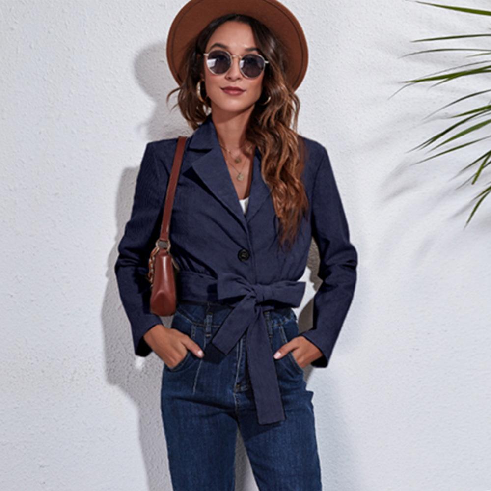 

BITCED Вельветовый маленький костюм для женщин с длинным рукавом и воротником, короткое тонкое пальто на весну и осень XL тёмно-синий