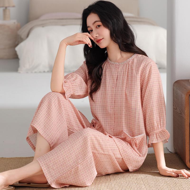 Lyocell pajamas women's spring summer seven-quarter-sleeved nine-point pants middle-aged mother cardigan casual loungewear thin suit