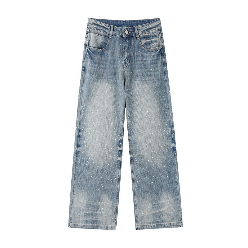 Spring Summer Full Bling Rhinestone Lightning Cat Whisker Detail Wide Leg Comfy Casual Denim Pants Female Casual Pants Oversize Denim Trousers