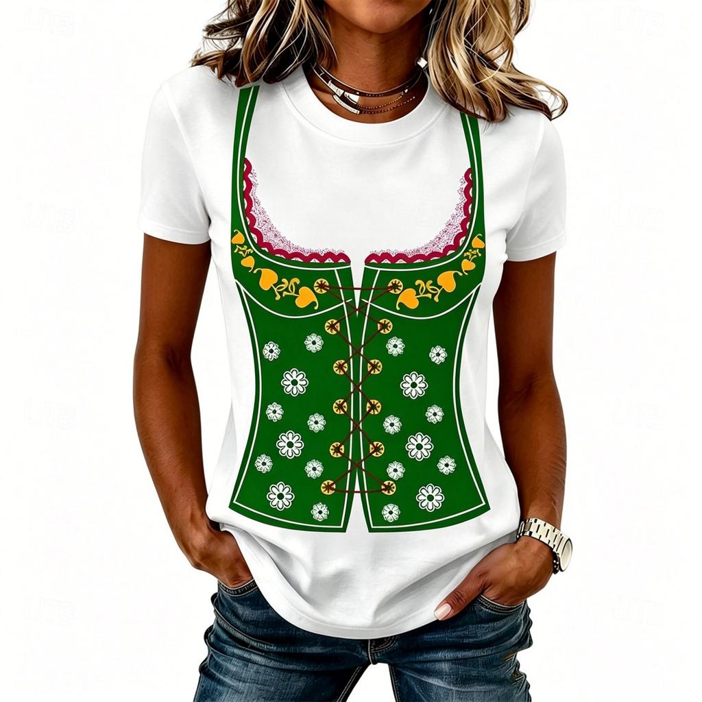 Women’s Casual Round Neck Short Sleeve Pullover T-Shirt with Festival Graphic Print Relaxed Fit Comfortable Style Top