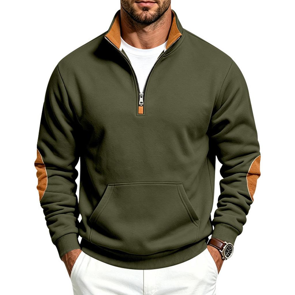 Men's Retro Patchwork Half-Zip Sweatshirt with Stand Collar for Fall Winter Casual Wear