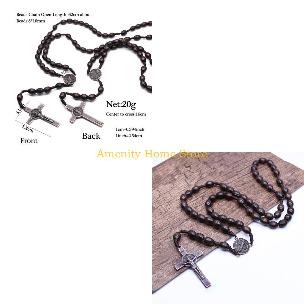 F26C Wooden Beads for Cross Pendant Necklace For Women Wood Beads Cord Rosary Necklace Holy Jerusalem Catholic Gift Handmade