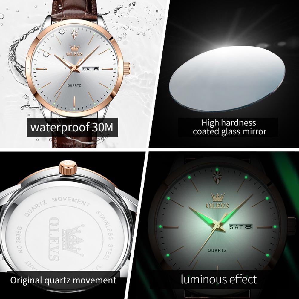 OLEVS Top Original Quartz Watches for Men Simplicity Dual Calendar Large Dial Leather Strap Waterproof Luminous Men's Wristwatch