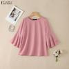 ZANZEA Women Casual Round Neck 3/4 Sleeve Embroidery Print Loose Blouse Ruffles 