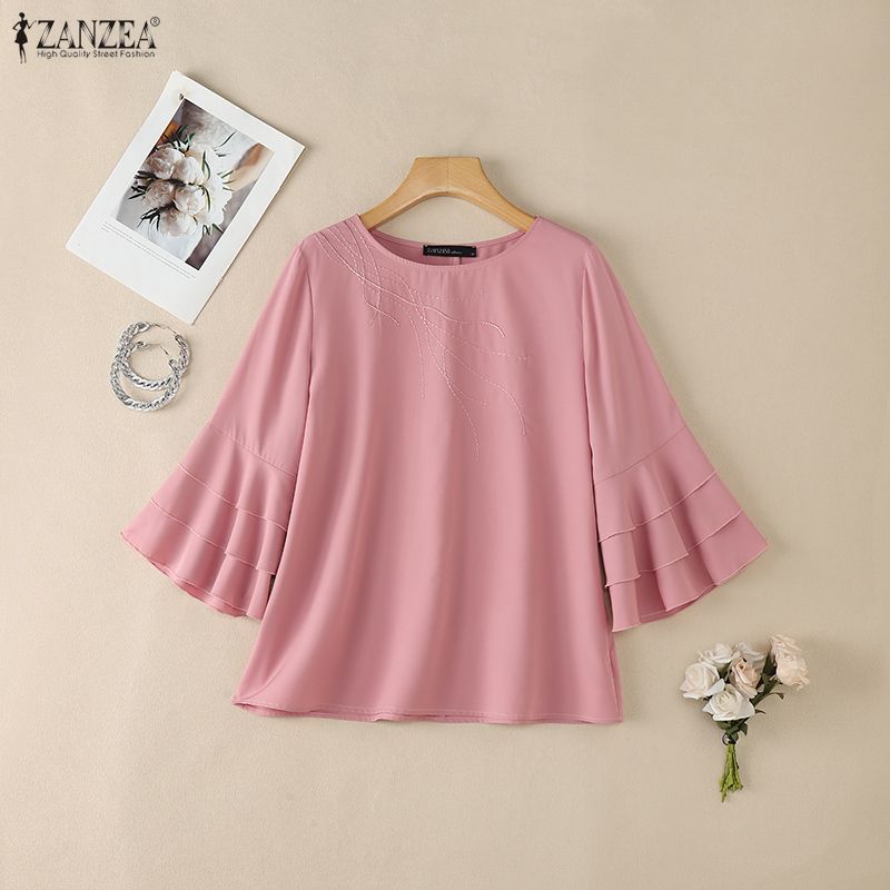 ZANZEA Women Casual Round Neck 3/4 Sleeve Embroidery Print Loose Blouse Ruffles 