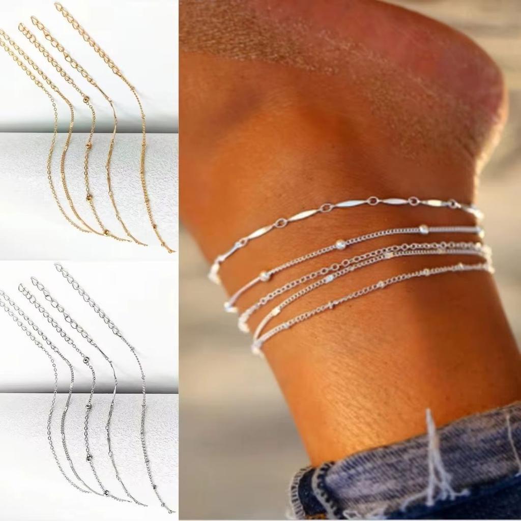 5 Pcs/Set Unisex Silver Plated Stainless Steel Anklets Summer Beach Bracelet Jewelry Accessory for Valentine's Day Gift