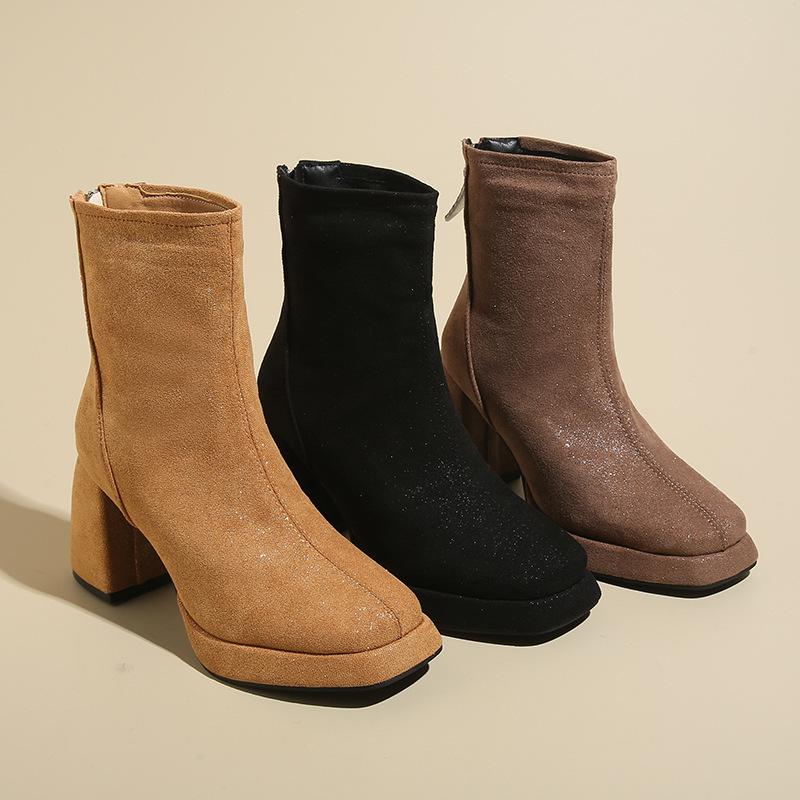 2025 autumn and winter new thick-soled high-heeled thick-heeled round-toed Martin boots children's European and American fashion after zipper women's