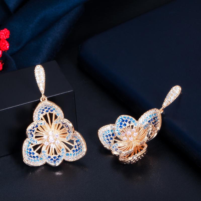 CMM Gorgeous Gold Color Zirconia Flower Hollow Carved Drop Earrings