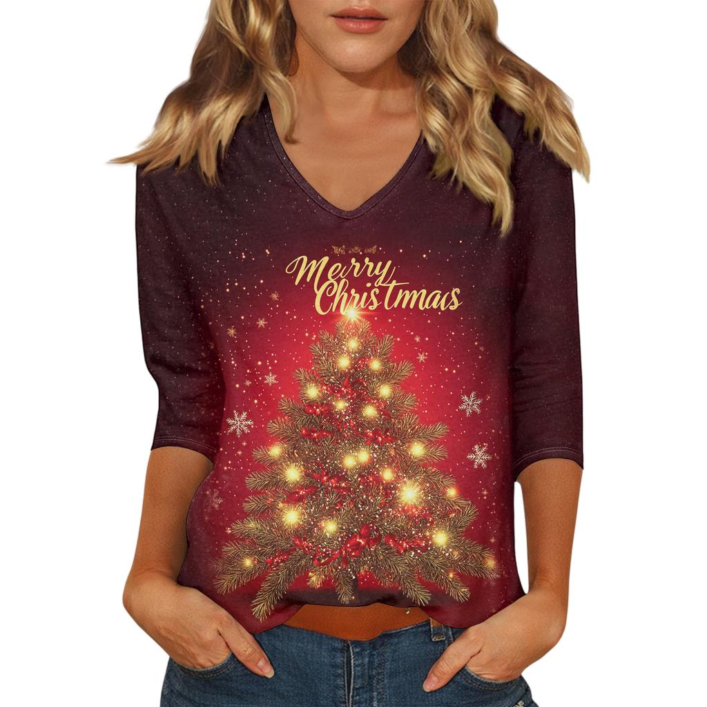 Women's Casual Fashionable Sexy Comfortable V-Neck Christmas Three-Quarter Sleeve Top