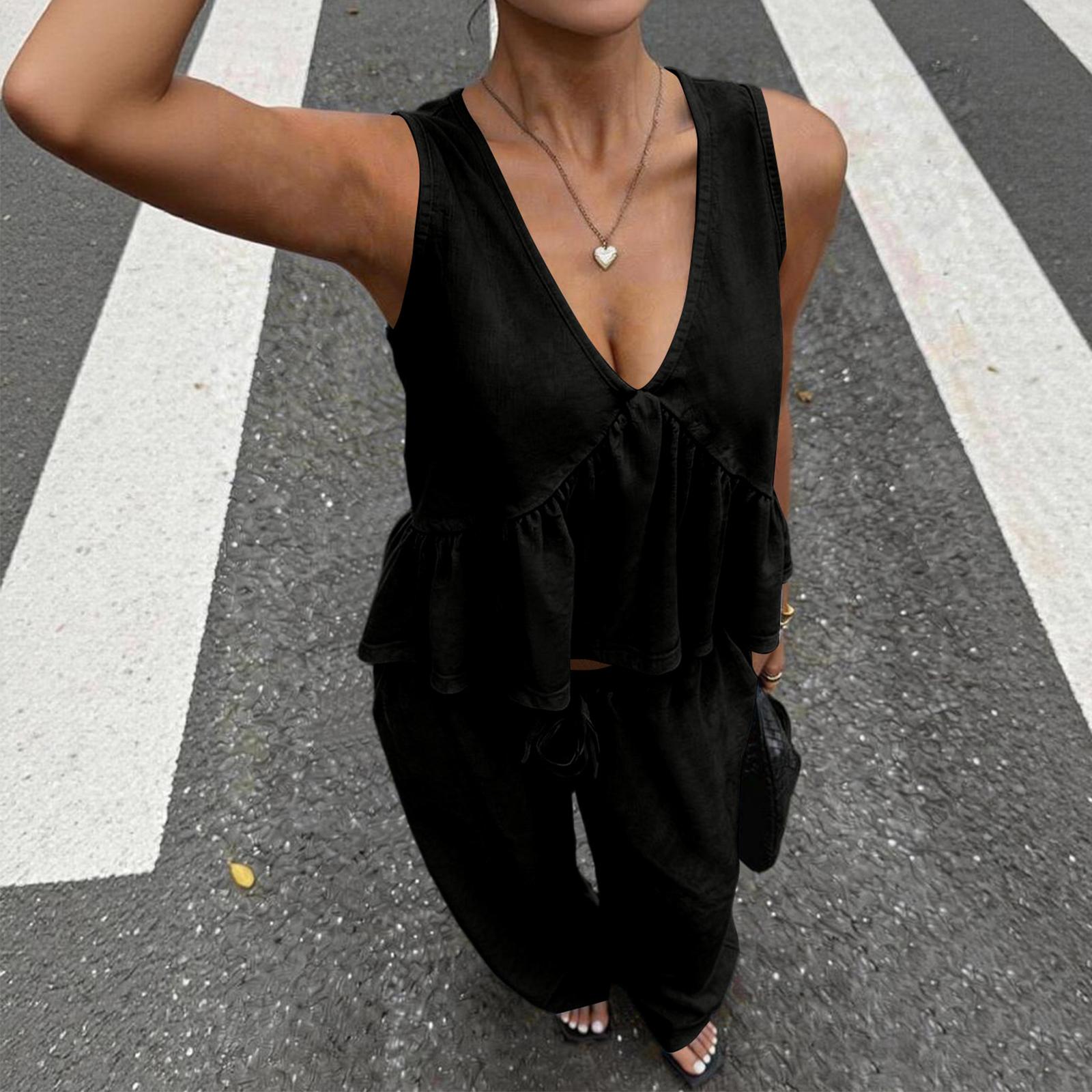 

Женский повседневный комплект: жилет без рукавов с V-образным вырезом и брюки L чёрный