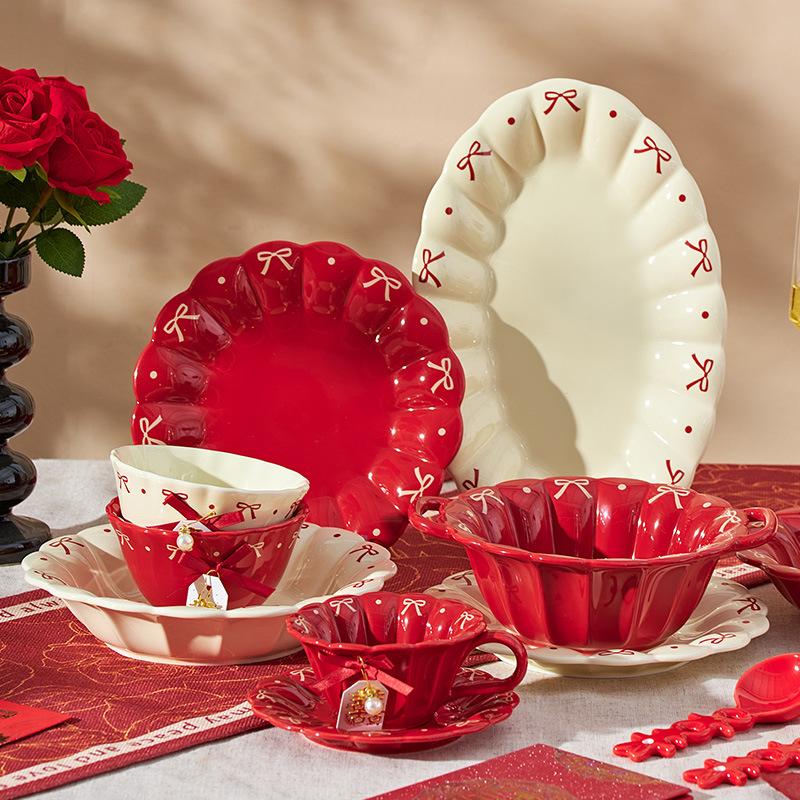 Bow Ceramic Tableware High Value Rice Bowl Binaural Soup Bowl Household Ceramic Bowl Plate Wind