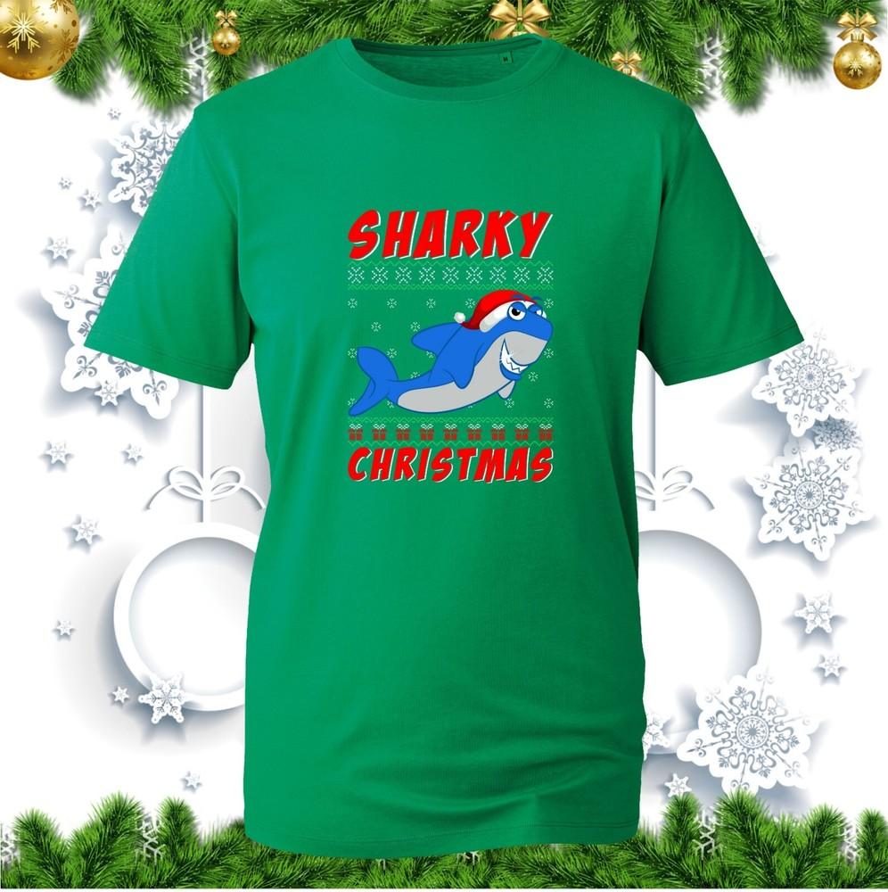 Sharky Christmas TShirt Funny Shark Christmas Santa Hat Shark Ugly Xmas Tee Top S