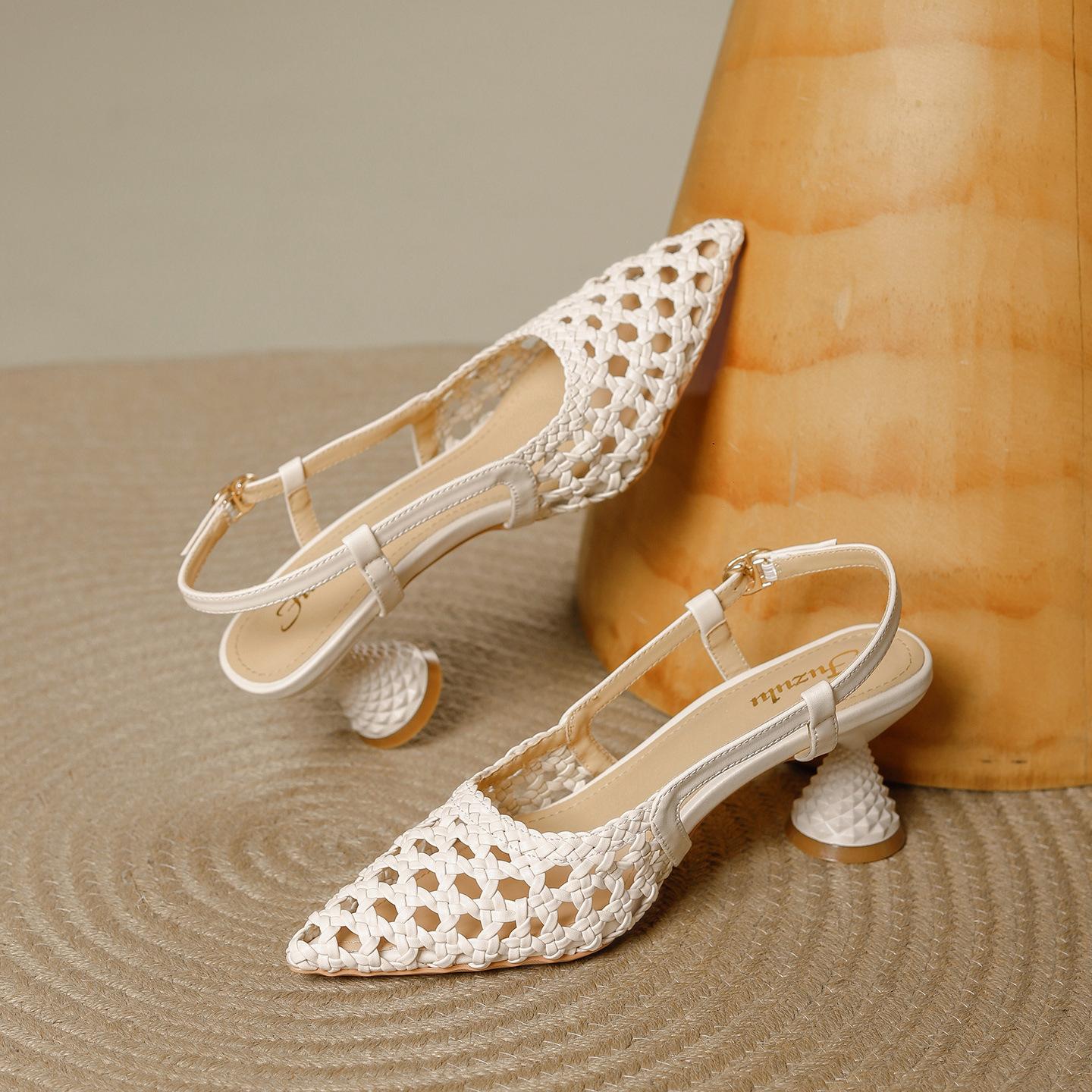 

Французские туфли-лодочки на высоком каблуке с плетеным верхом и полыми деталями, летняя новинка, дышащие, с мелким вырезом, элегантные, сандалии с открытым носком для женщин 40
