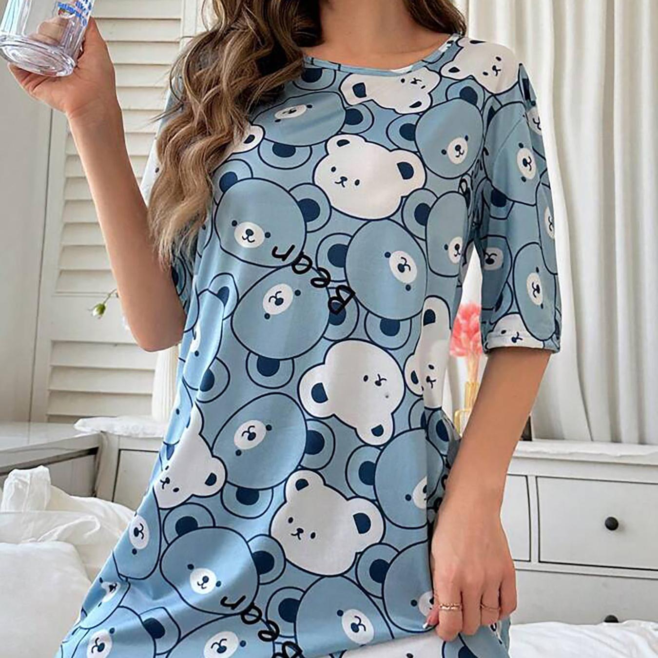 Spring and summer cartoon bear print short-sleeved nightdress loose and comfortable loungewear L синий