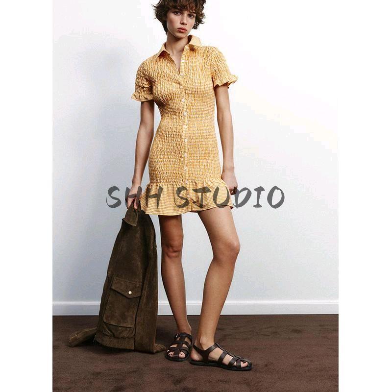 Spring New Women Clothes French Style Frill Temperament Small Plaid Short Sleeve Lapel Short Dress 4661327
