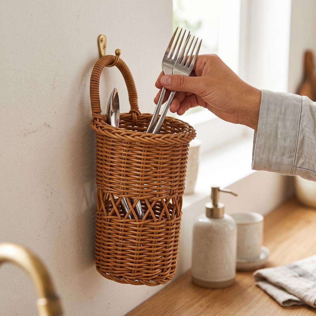 Handwoven Wall Hanging for Chopsticks, Cutlery, Toothbrush and Toothpaste, Kitchen and Bathroom Storage Holder