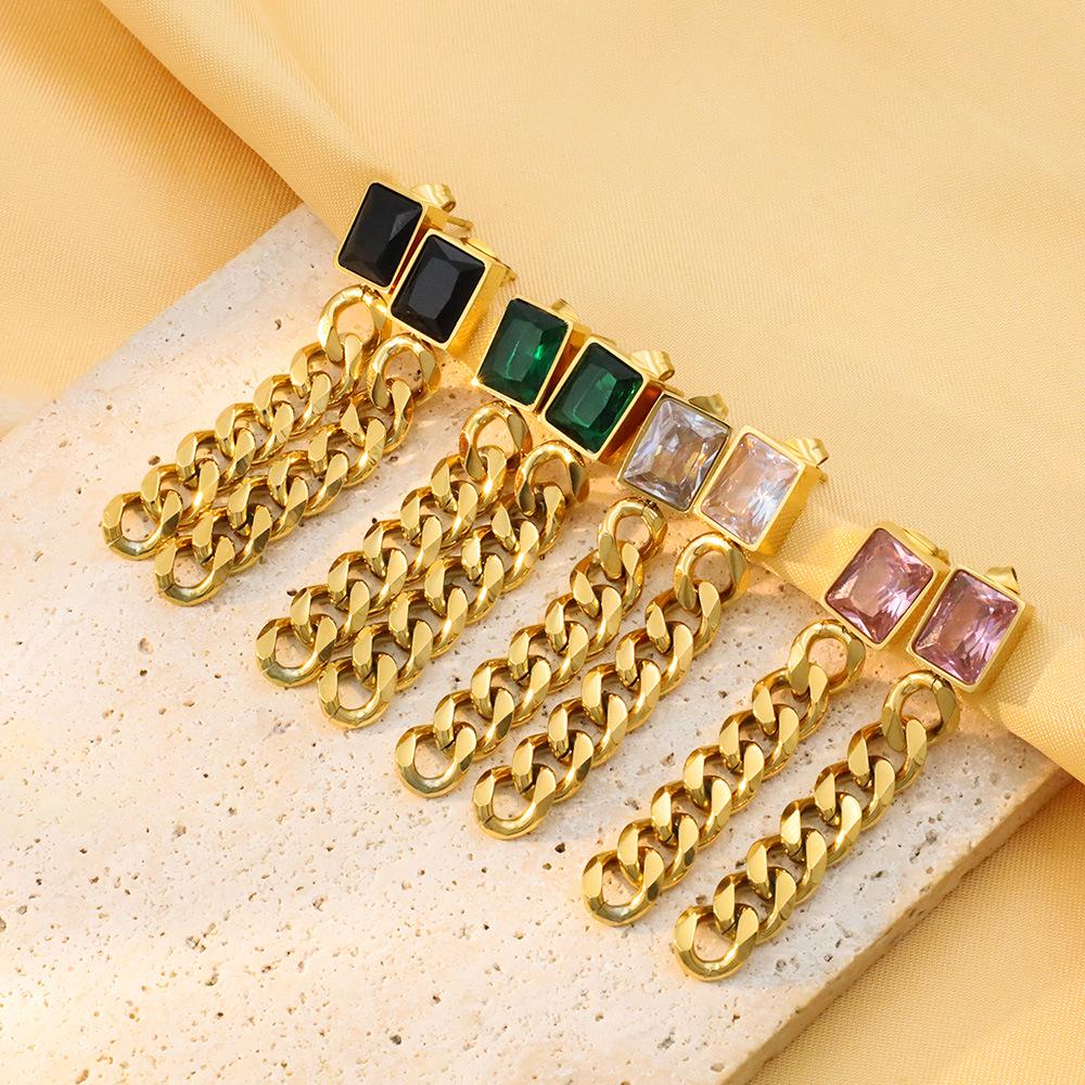European & American Titanium Steel Tassel Earrings with Square Zircon Studs - High-end Light Luxury