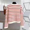 Women Cardigan Sweater Striped Print Contrast Color Single-breasted Long Sleeve Knitted Loose Warm Thick Round Neck Fall Spring Coat KTB