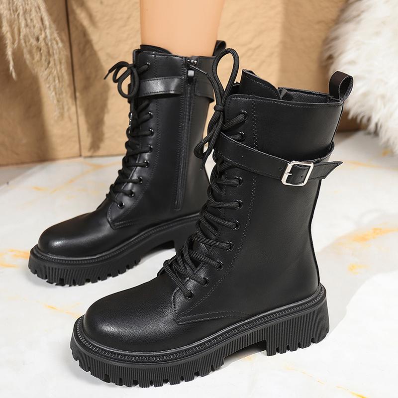 Fashion Women's Black PU Leather Mid Calf Boots Fashion Buckle Strap Platform Combat Boots Women Thick Sole Non Slip Motorcycle Shoes